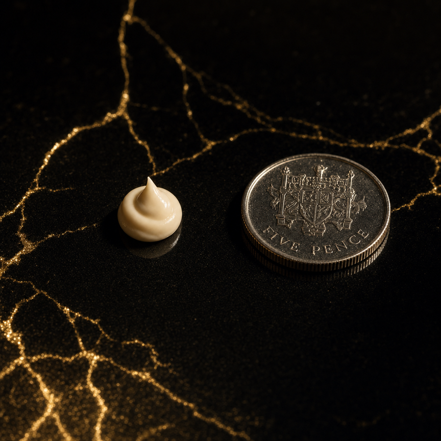 Pea-sized amount of Lumière facial cream next to a five pence coin for scale