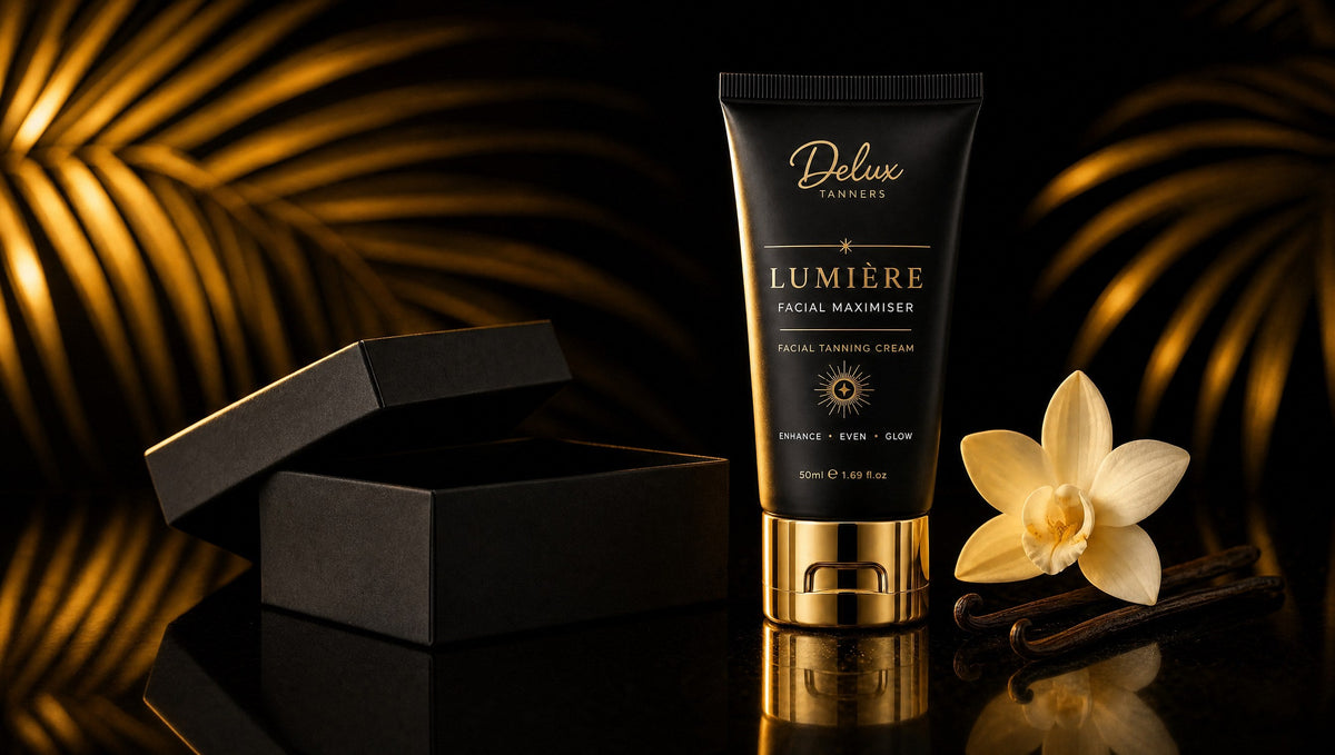 Delux Lumière Facial Maximiser tube beside a black gift box, vanilla flower and pods