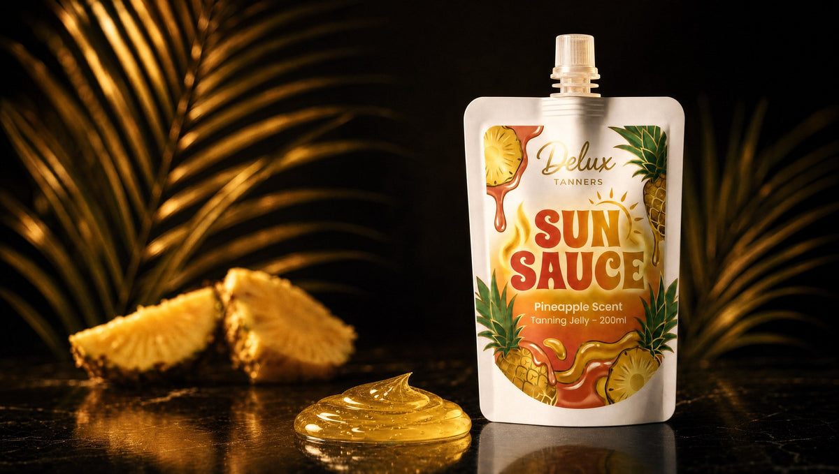 Delux Sun Sauce tanning jelly pouch with a swirl of golden jelly and pineapple