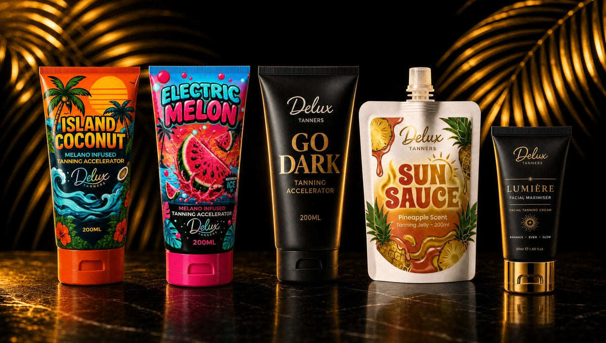 The Delux range in a row: Island Coconut, Electric Melon, Go Dark, Sun Sauce and Lumière, all bronzer-free and DHA-free