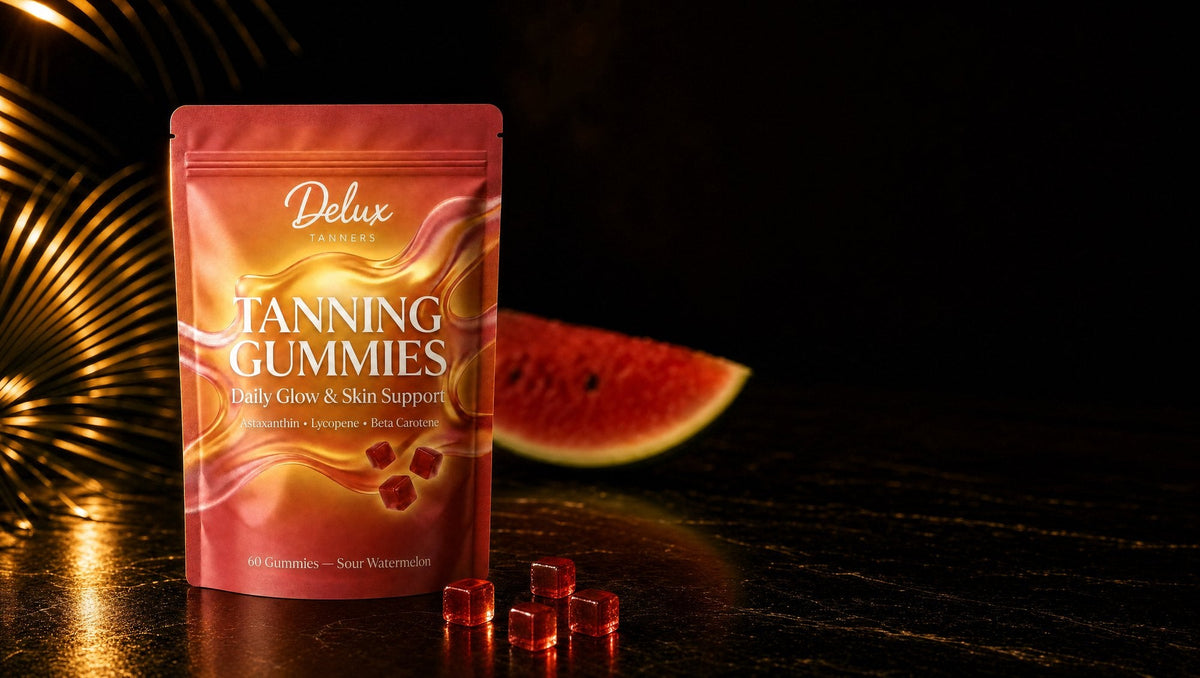 Delux Tanning Gummies pouch with red sour watermelon gummies on a dark surface