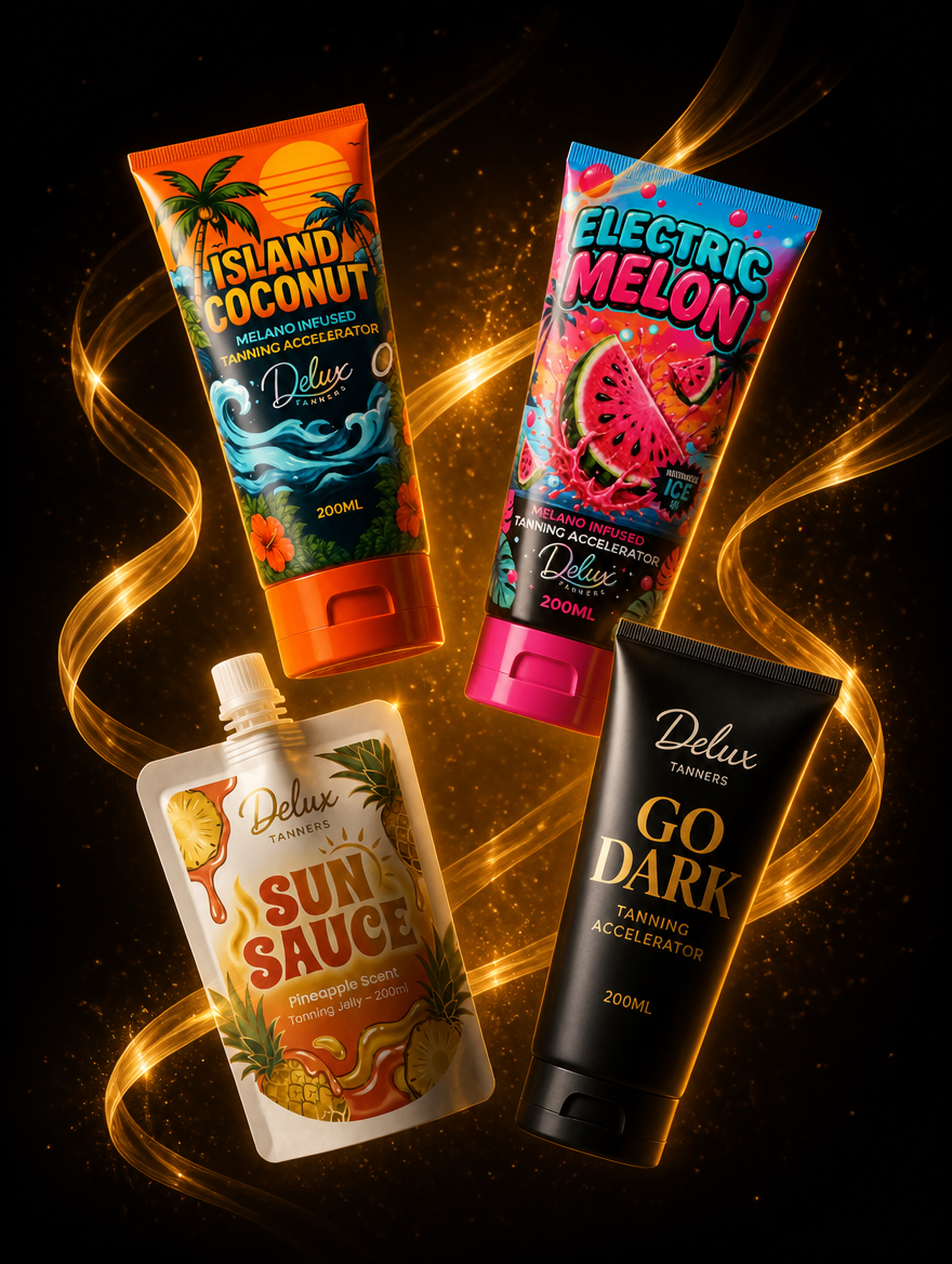 The Delux Tanners range: Island Coconut, Electric Melon, Sun Sauce and Go Dark