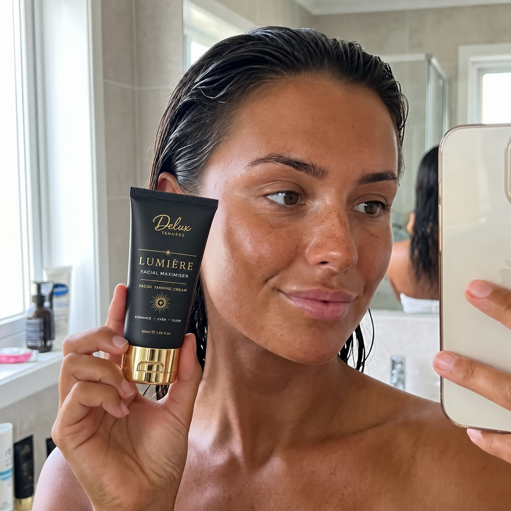 Lumière Facial Maximiser held up in a bathroom mirror selfie