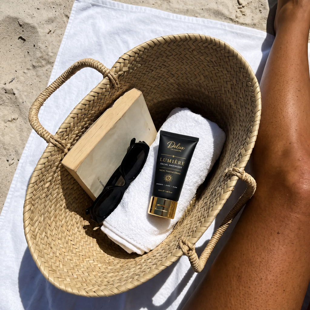Lumière Facial Maximiser in a beach basket with sunglasses and a towel