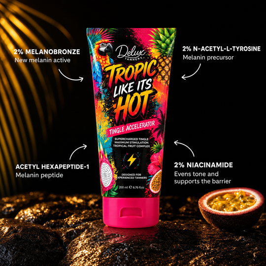 Tropic Like It's Hot melanin actives: 2% MelanoBronze, 2% N-acetyl-L-tyrosine, acetyl hexapeptide-1, 2% niacinamide
