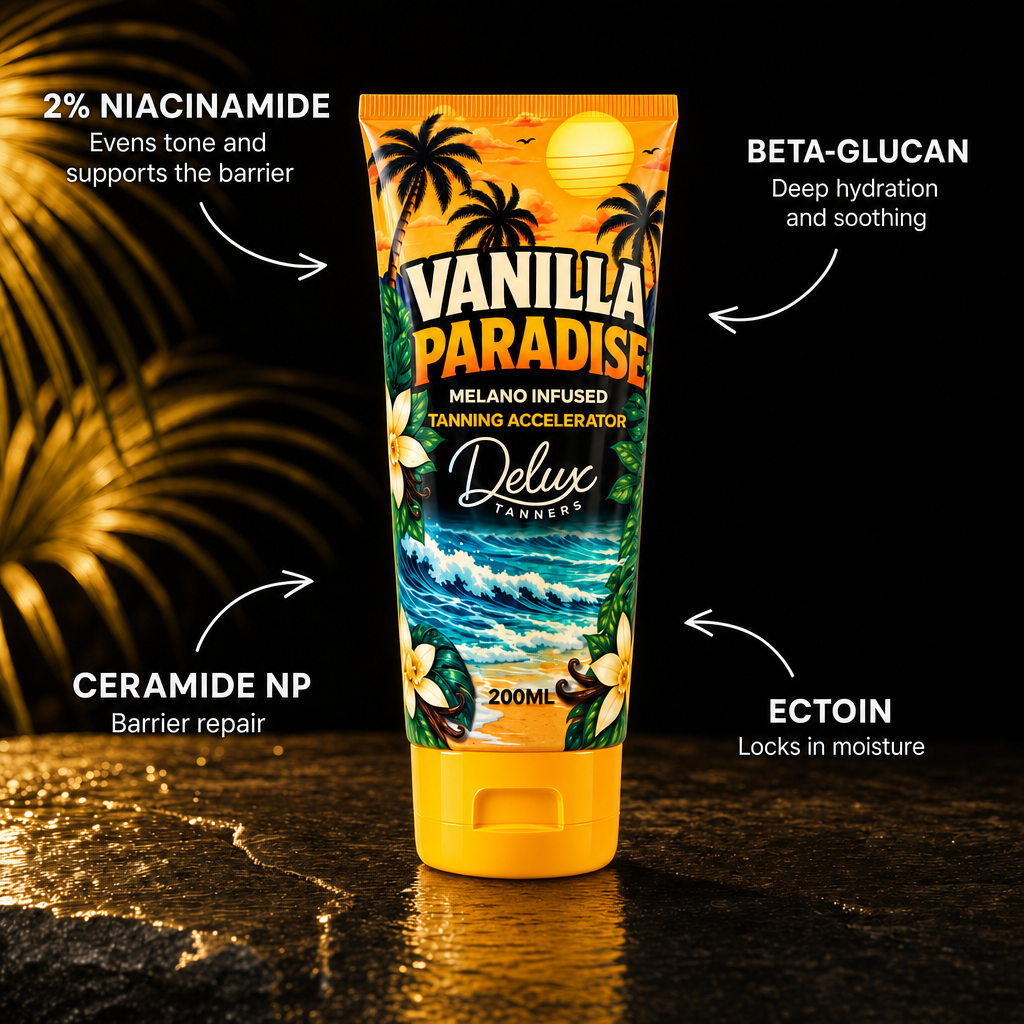 Vanilla Paradise skincare actives: 2% niacinamide, beta-glucan, ceramide NP, ectoin